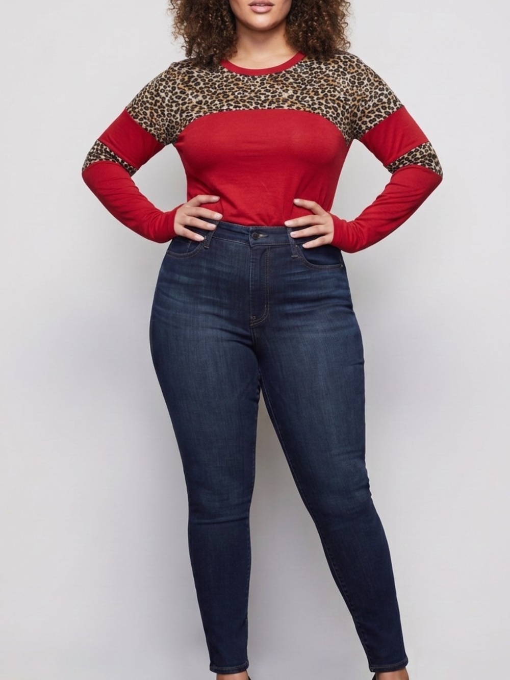 High-Rise Red Leopard Accent Long Sleeve Top